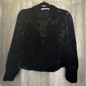 NWOT: Zara Black Red Floral Velvet Velour Long Sleeve Party Blouse• Small